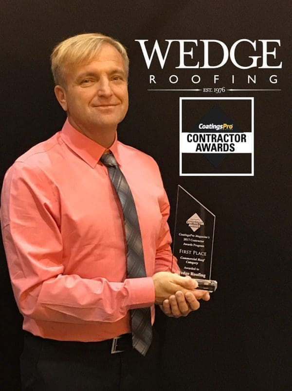 Wedge Roofing's General Manager, Gary Harvey accepts CoatingPro's 2017 Contractor Award for Commercial Roof Coating. Wedge Roofing Receives CoatingsPro Award
